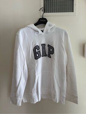 Macy's White Women's Crewneck Hoodie Sweater with Navy Lettering